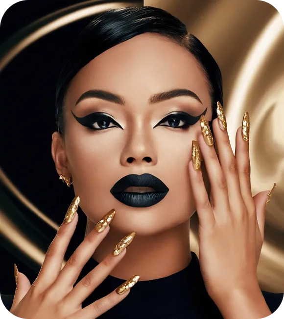 beautiful fashion woman with black makeup and golden manicure